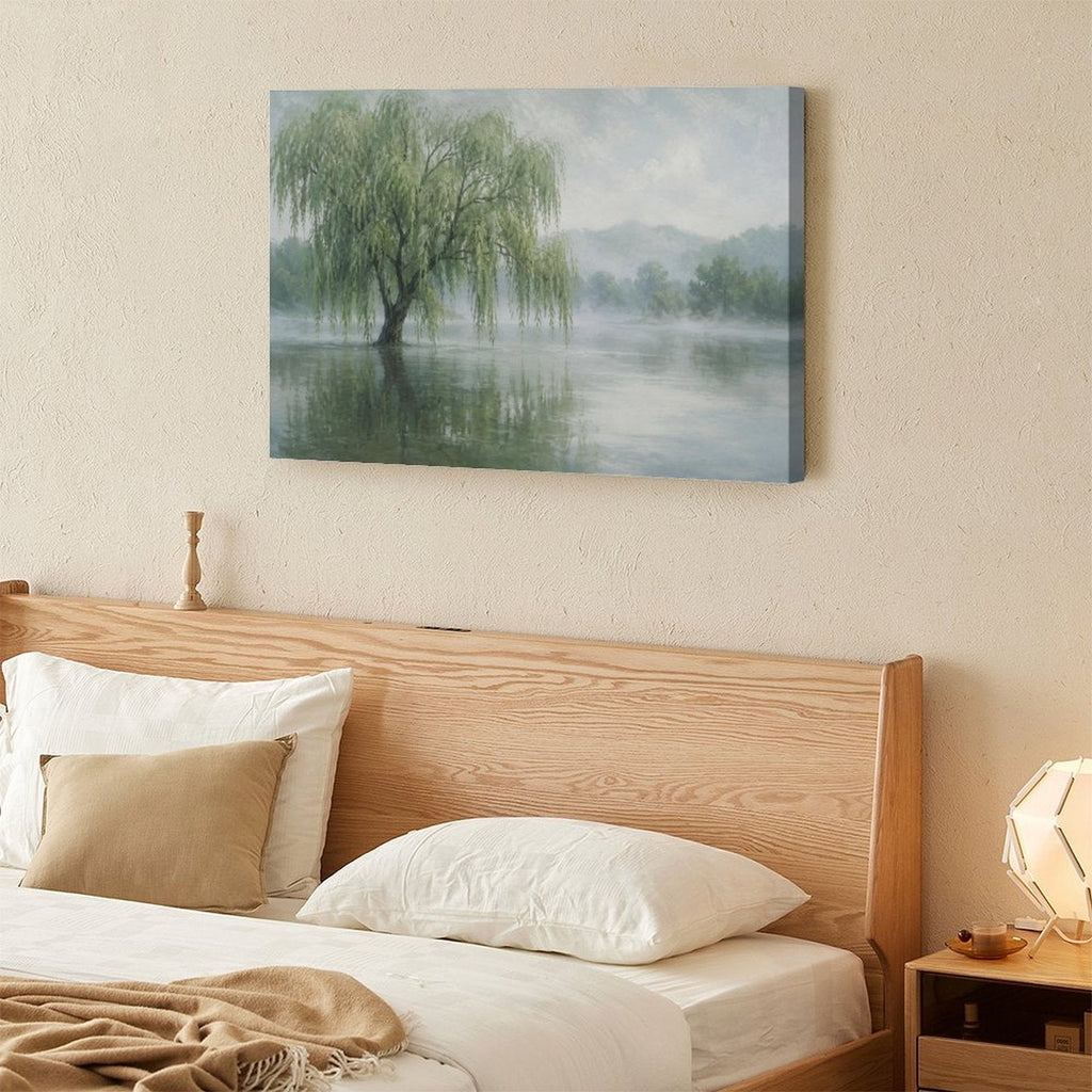 Misty Willow Tree Lake Reflection Framed Canvas Wall Art | Serene Chinese Landscape Print
