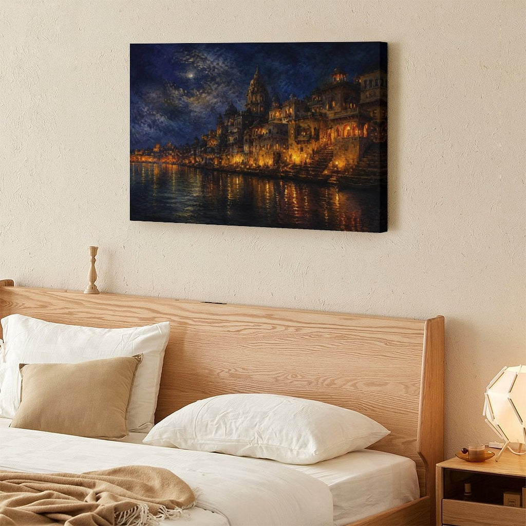 Varanasi Ganges River Night Glow Framed Canvas Wall Art | Indian Temple Nocturne Print