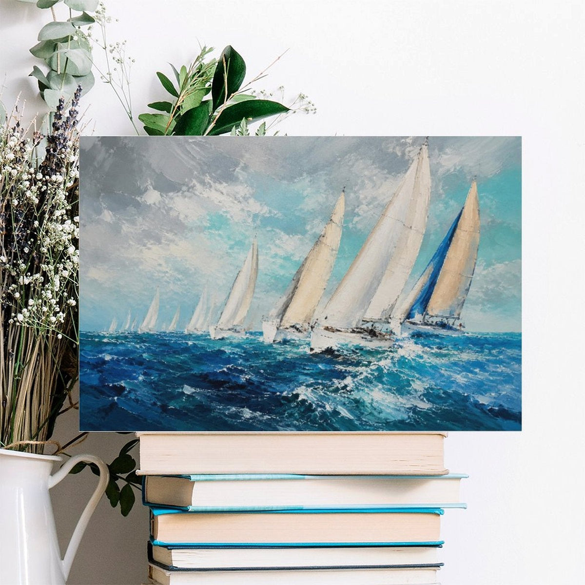 Sailing Regatta Ocean Race Framed Canvas Wall Art | Impressionist Nautical Seascape Print