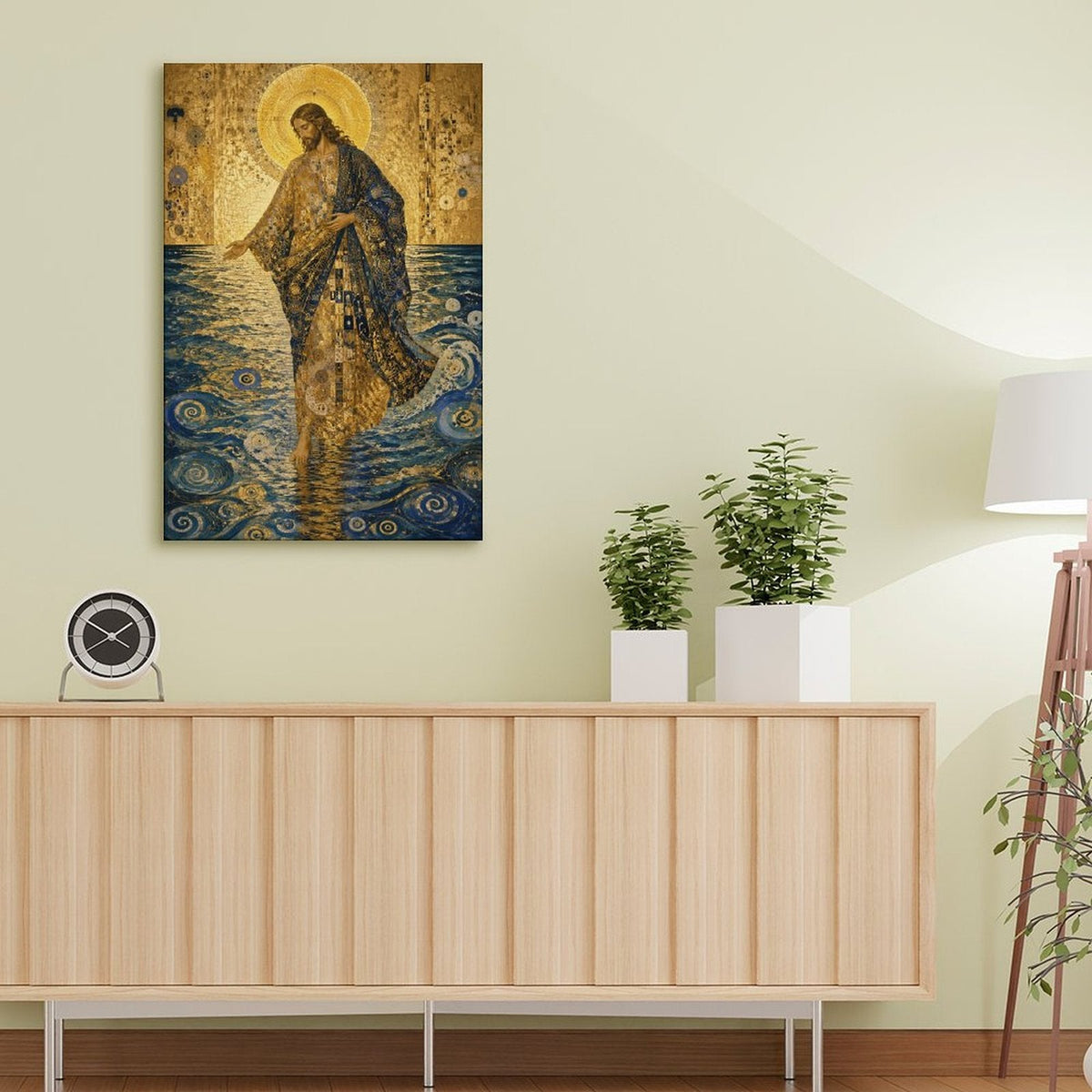 Jesus Walking on Water Klimt-Style Framed Canvas Wall Art | Gold Mosaic Religious Print