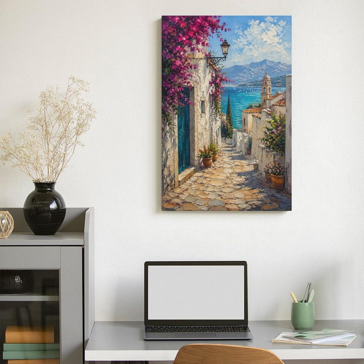Mediterranean Cobblestone Alley Bougainvillea Framed Canvas Wall Art | Impressionist Coastal Village Print