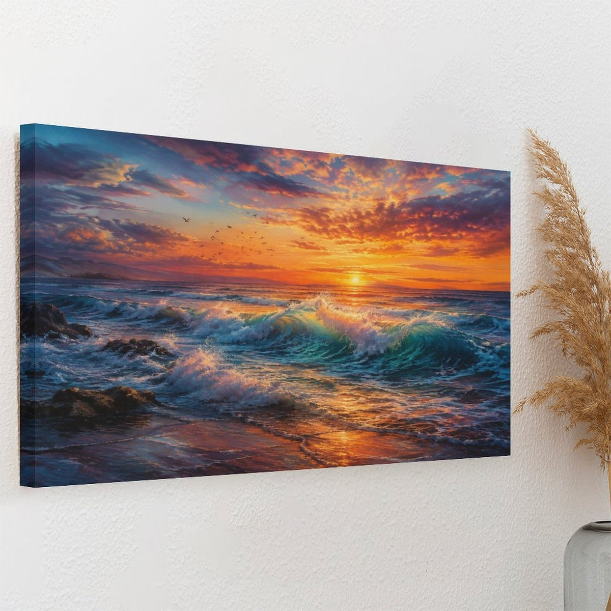 Dramatic Ocean Wave Sunset Framed Canvas Wall Art | Teal Crashing Wave Seascape Print