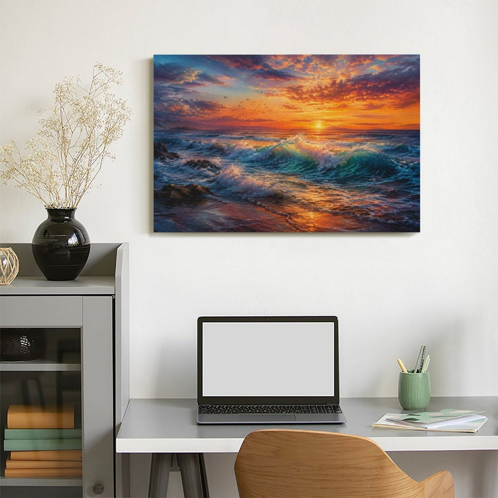 Dramatic Ocean Wave Sunset Framed Canvas Wall Art | Teal Crashing Wave Seascape Print