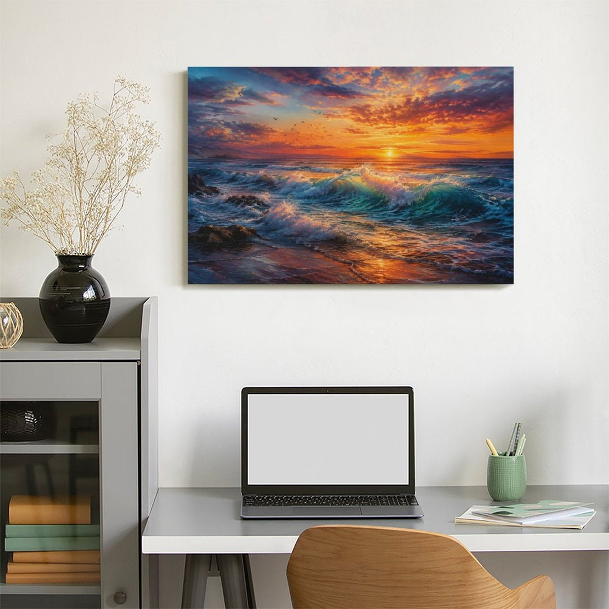 Dramatic Ocean Wave Sunset Framed Canvas Wall Art | Teal Crashing Wave Seascape Print