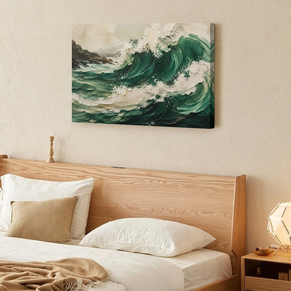 Deep Emerald Ocean Wave Textured Framed Canvas Wall Art | Vintage Coastal Seascape Print