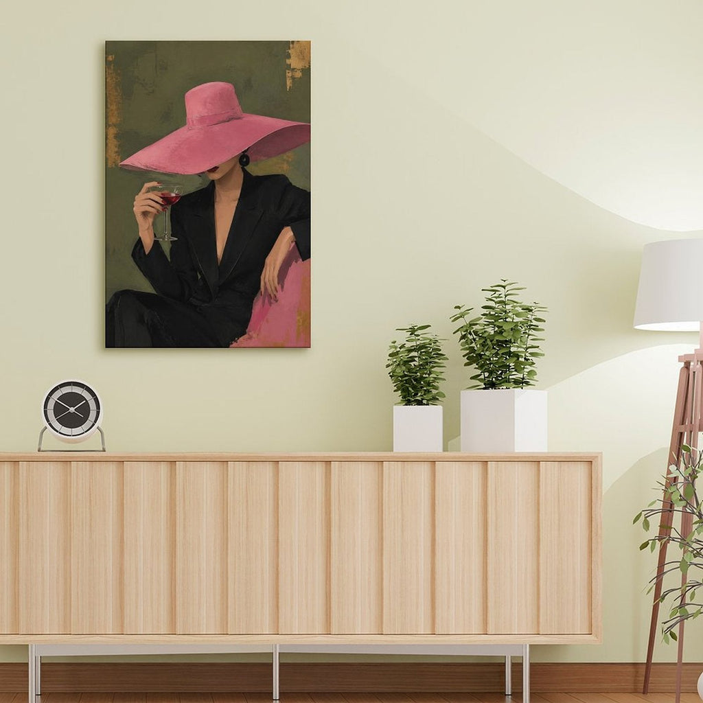 Chic Woman Pink Hat Red Wine Framed Canvas Wall Art | Vintage Fashion Figurative Print