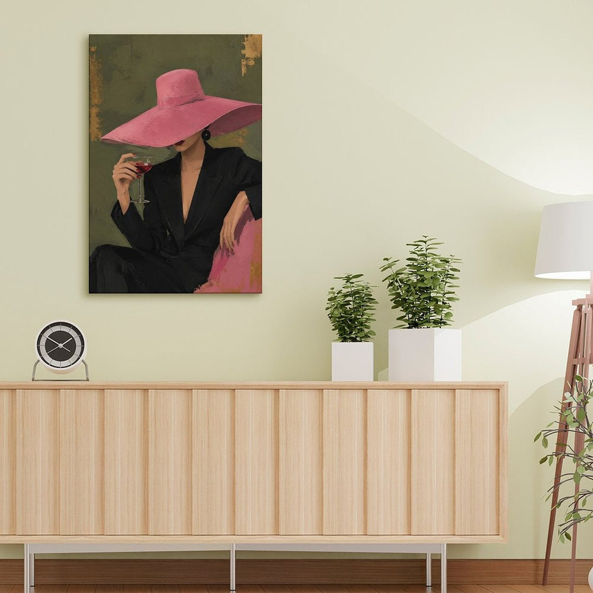Chic Woman Pink Hat Red Wine Framed Canvas Wall Art | Vintage Fashion Figurative Print