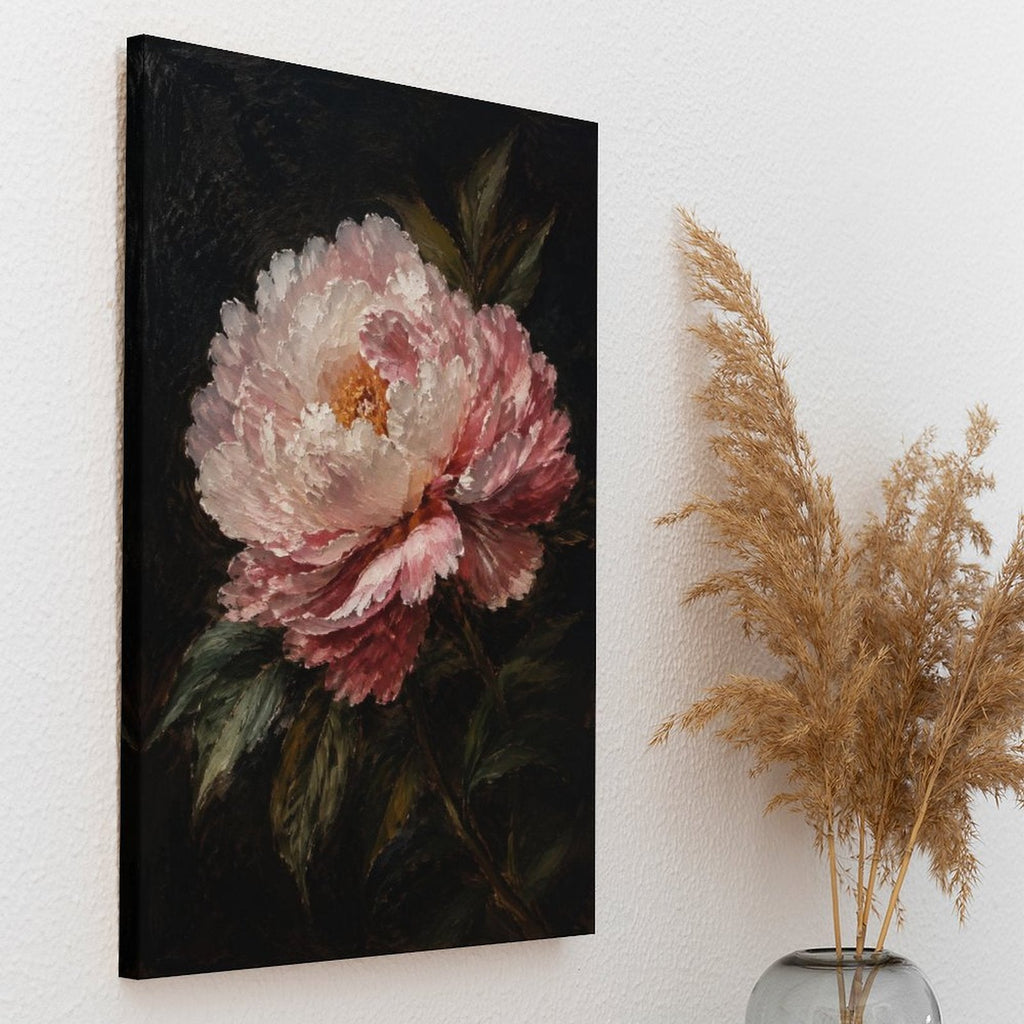 Pink Peony Dark Background Dutch Master Framed Canvas Wall Art | Old Master Floral Still Life Print