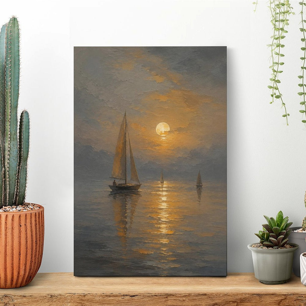 Moonlit Sailboat Misty Sea Framed Canvas Wall Art | Old Master Nocturnal Seascape Print