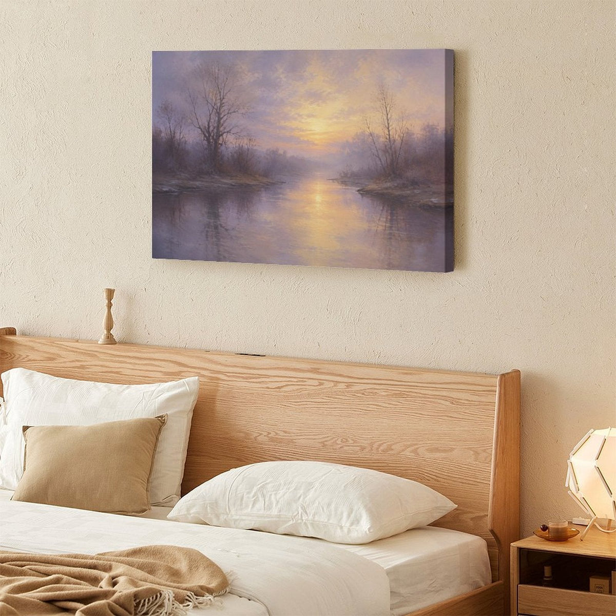 Misty Lavender River Sunrise Bare Trees Framed Canvas Wall Art | Atmospheric Old Master Landscape Print