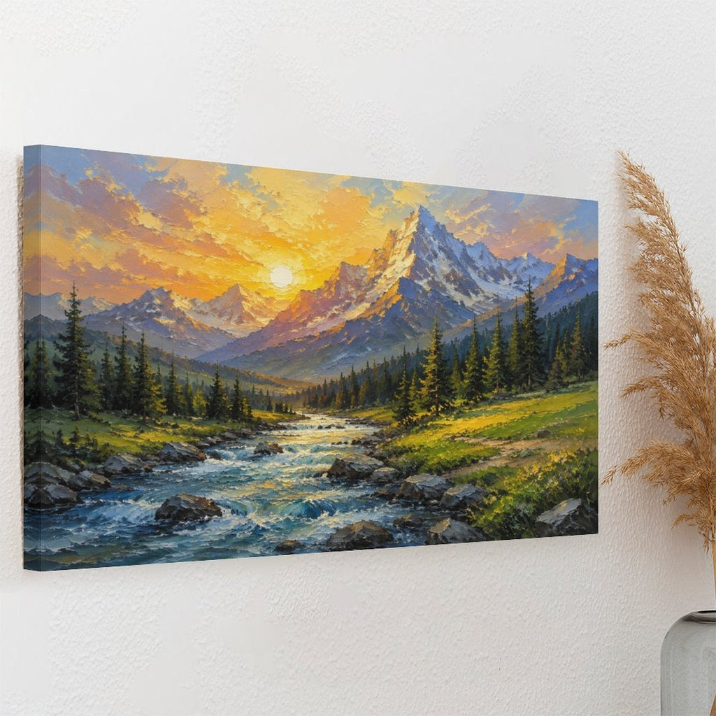 Mountain Stream Golden Sunset Framed Canvas Wall Art | Impressionist Alpine Landscape Print
