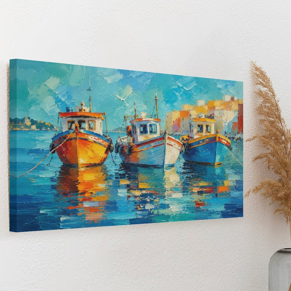 Mediterranean Harbor Fishing Boats Framed Canvas Wall Art | Colorful Impressionist Nautical Print