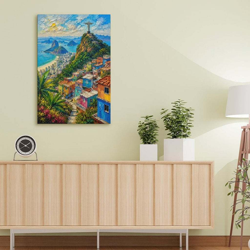 Rio de Janeiro Christ the Redeemer Favela Panorama Framed Canvas Wall Art | Impressionist Brazil Cityscape Print