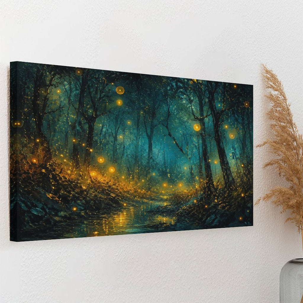 Firefly Enchanted Forest Night Framed Canvas Wall Art | Magical Dark Woodland Stream Print