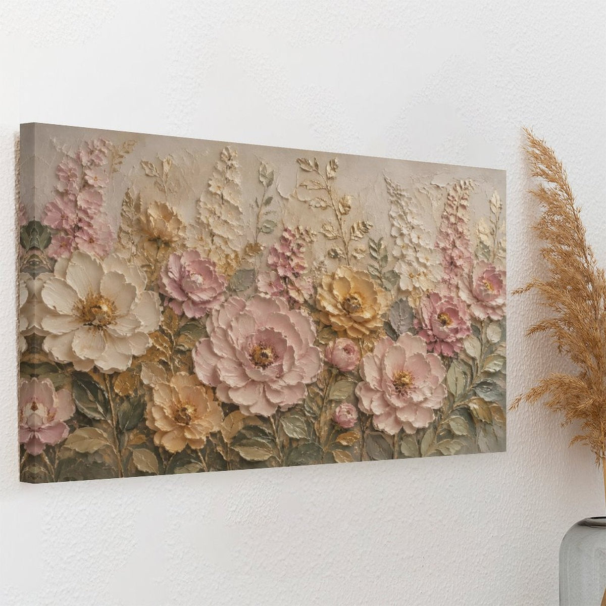 Pink Rose Cream Peony Gold Floral Textured Framed Canvas Wall Art | French Romantic Relief Print