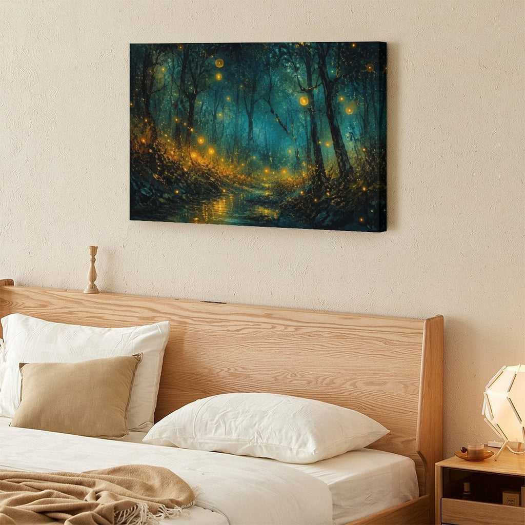 Firefly Enchanted Forest Night Framed Canvas Wall Art | Magical Dark Woodland Stream Print
