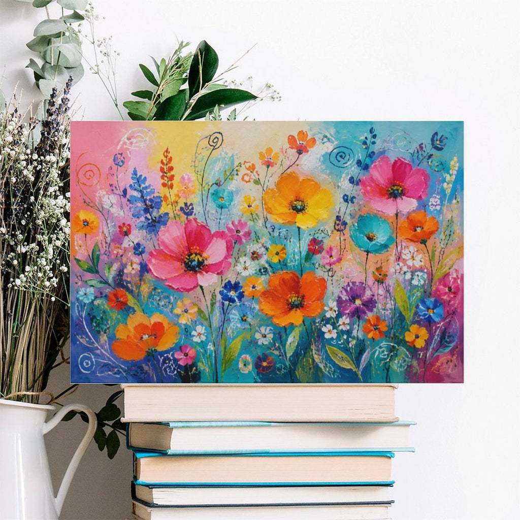 Colorful Wildflower Garden Framed Canvas Wall Art | Joyful Floral Rainbow Print