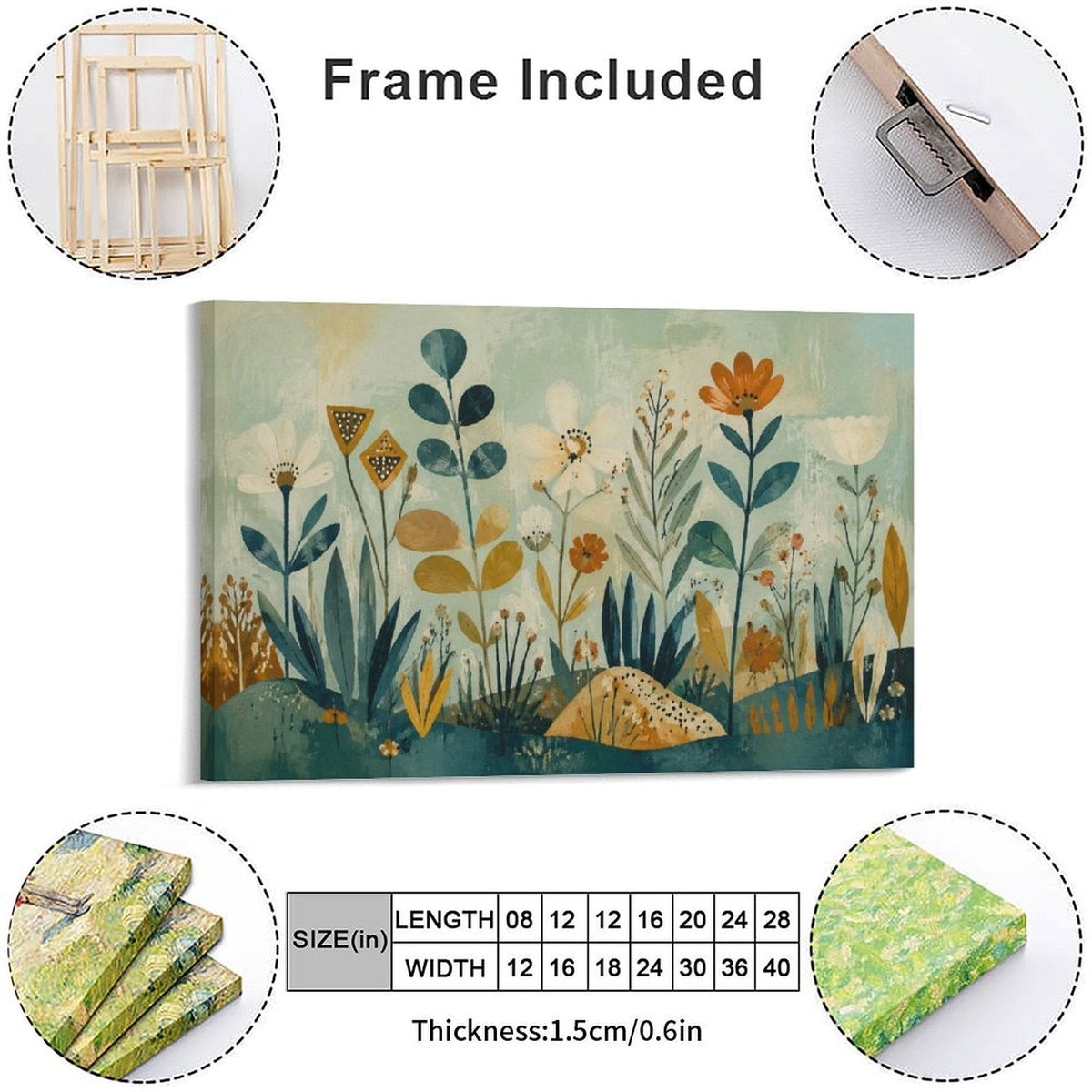 Nordic Folk Art Wildflower Botanical Framed Canvas Wall Art | Teal Gold Vintage Illustration Print