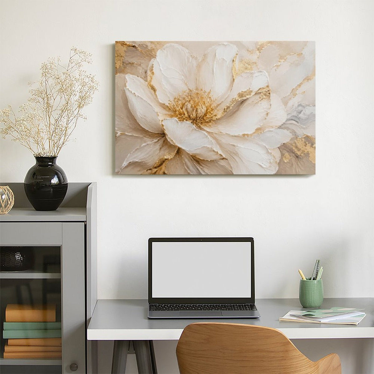 White Peony Gold Accent Close-Up Framed Canvas Wall Art | Luxury Floral Textured Print