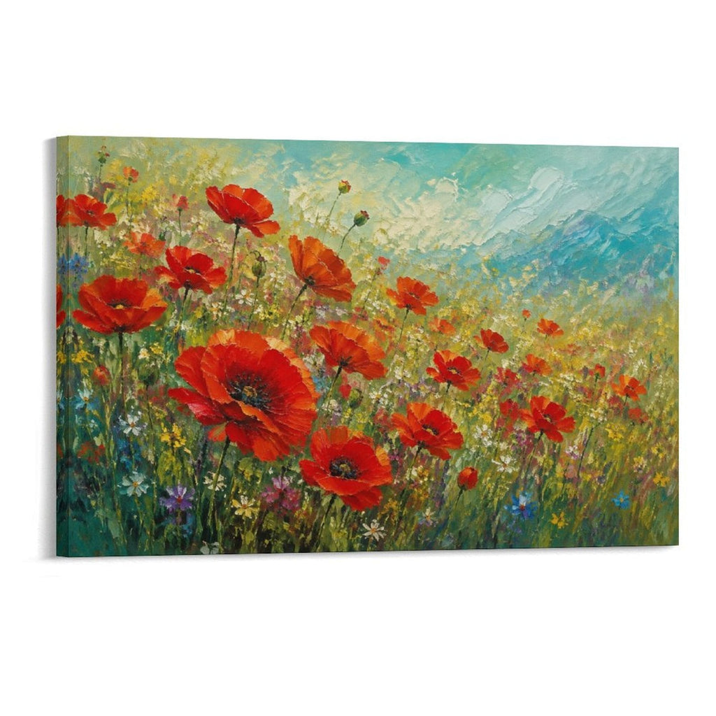 Red Poppy Wildflower Meadow Impressionist Floral Field Framed Canvas Wall Art