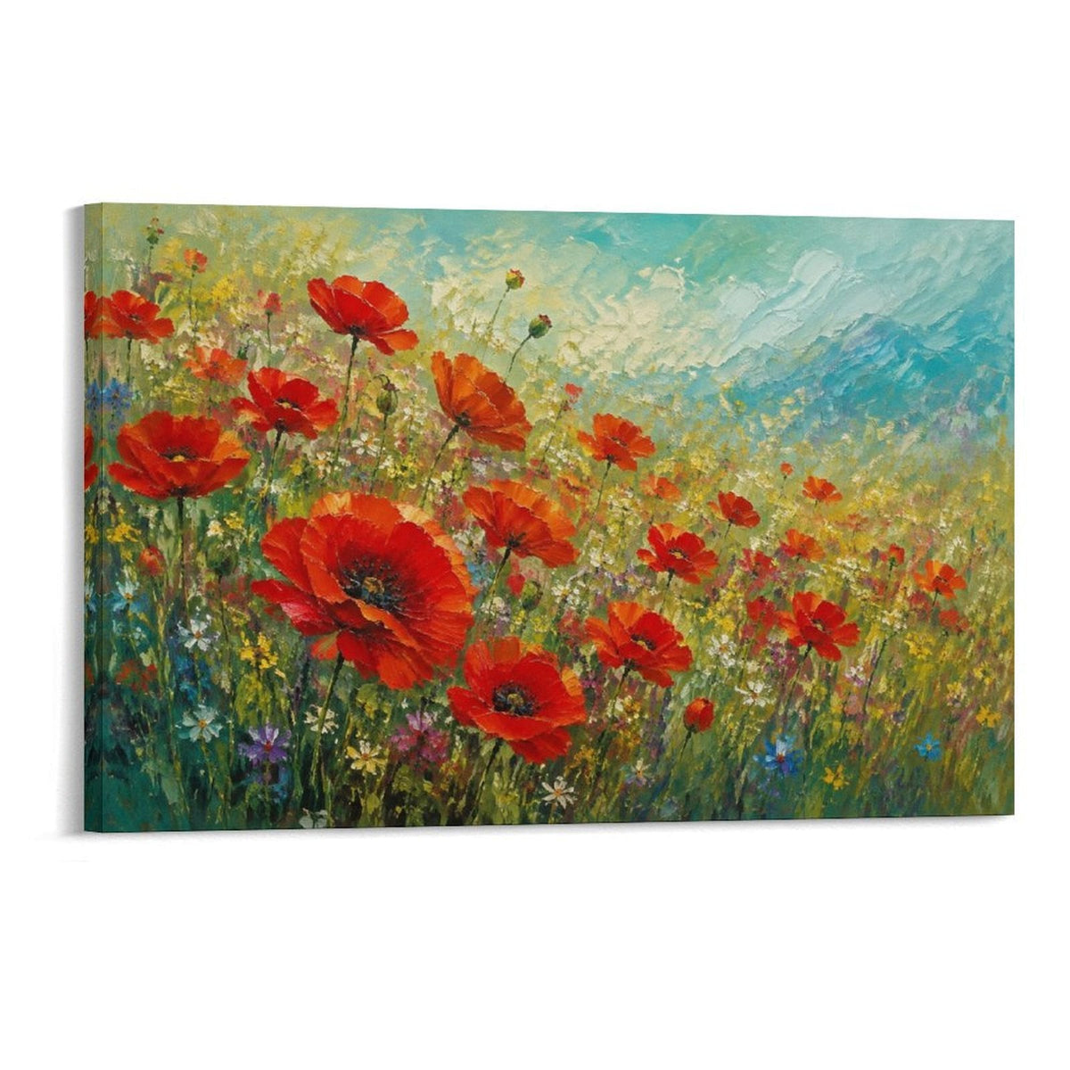 Red Poppy Wildflower Meadow Impressionist Floral Field Framed Canvas Wall Art