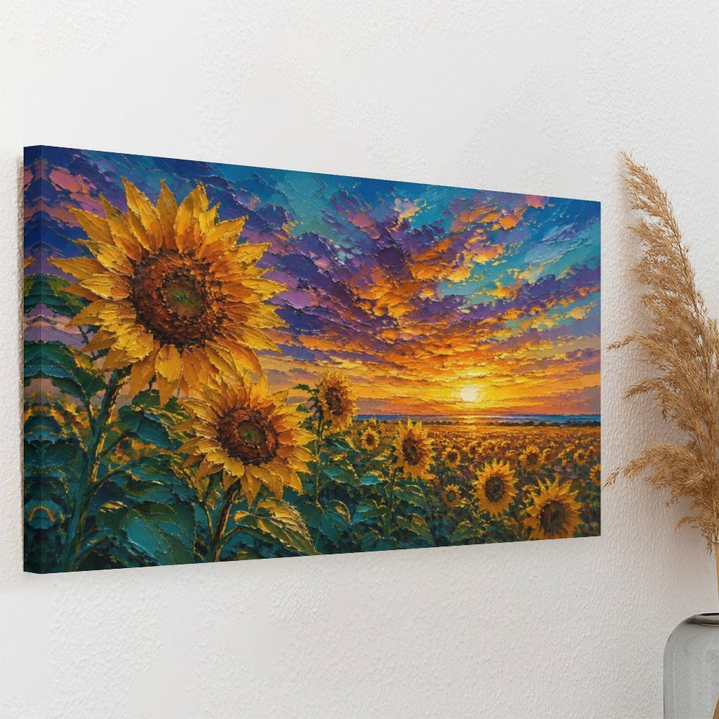 Sunflower Field Sunset Framed Canvas Wall Art | Impressionist Floral Landscape Print
