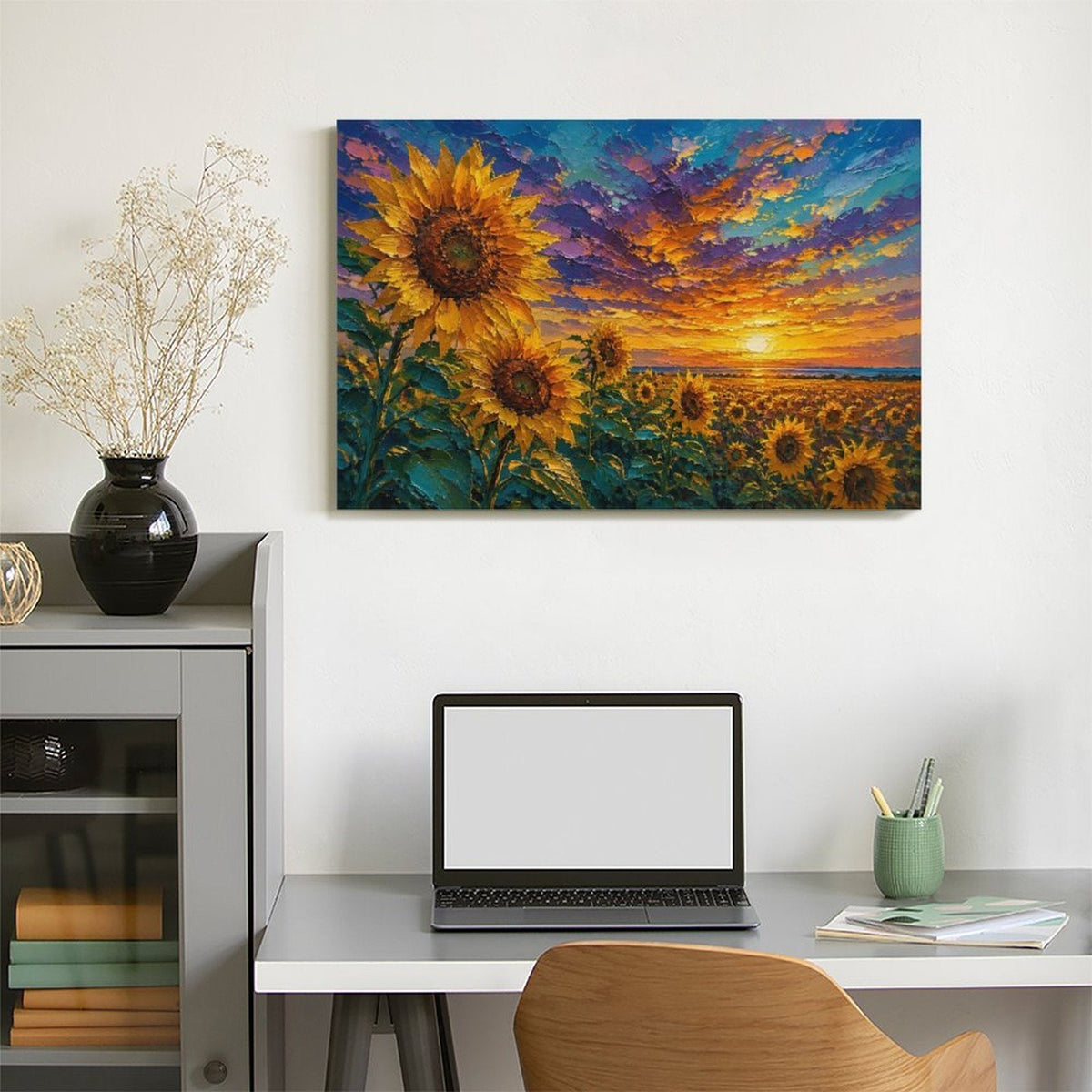 Sunflower Field Sunset Framed Canvas Wall Art | Impressionist Floral Landscape Print