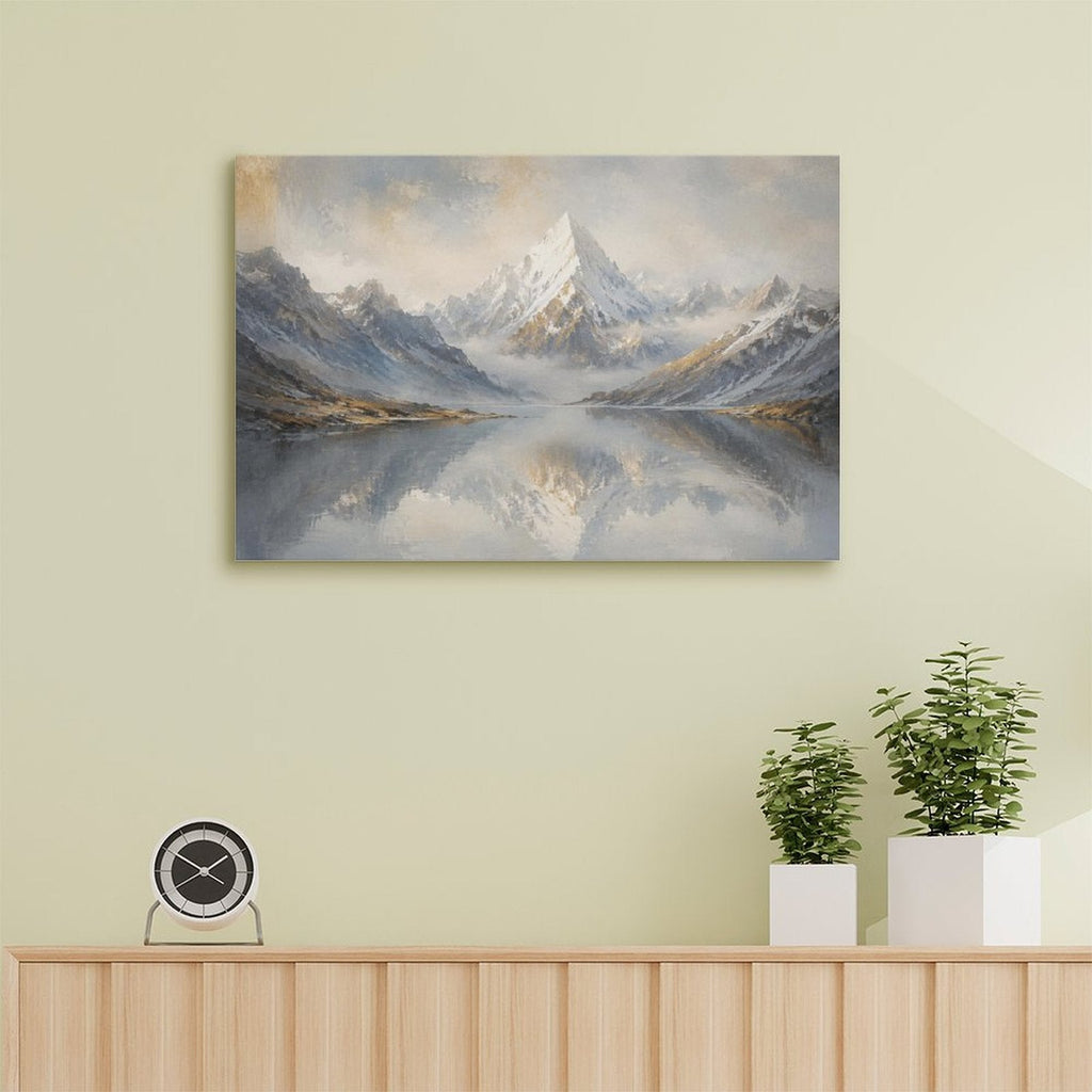 Misty Snow Mountain Lake Reflection Framed Canvas Wall Art | Nordic Minimalist Landscape Print
