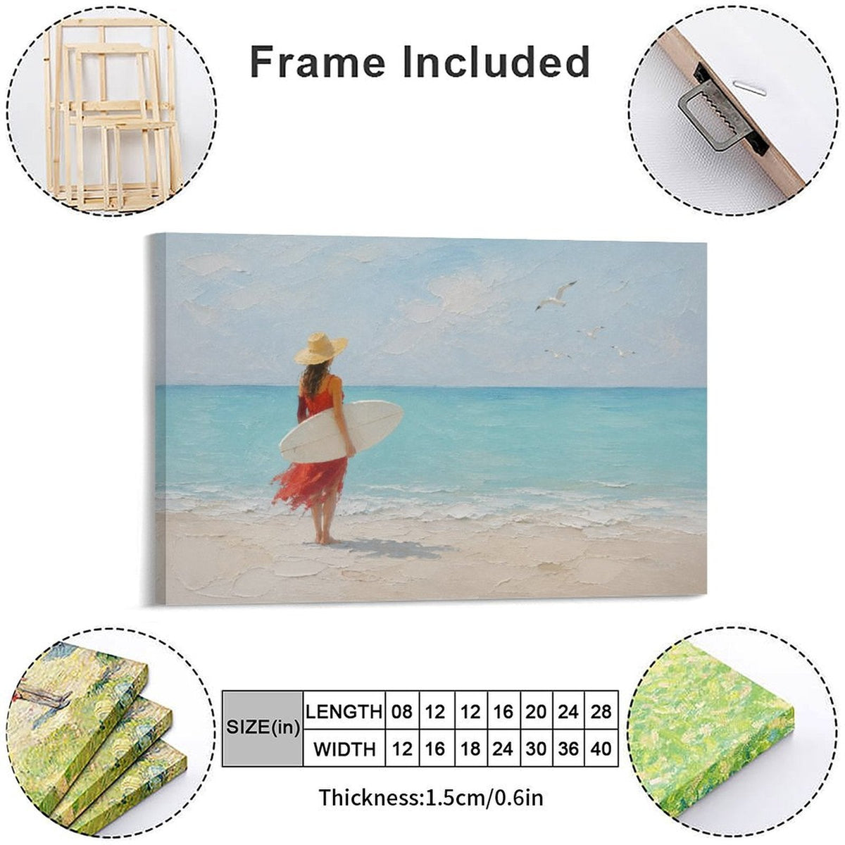 Red Dress Woman Surfer Beach Framed Canvas Wall Art | Coastal Figurative Ocean Print