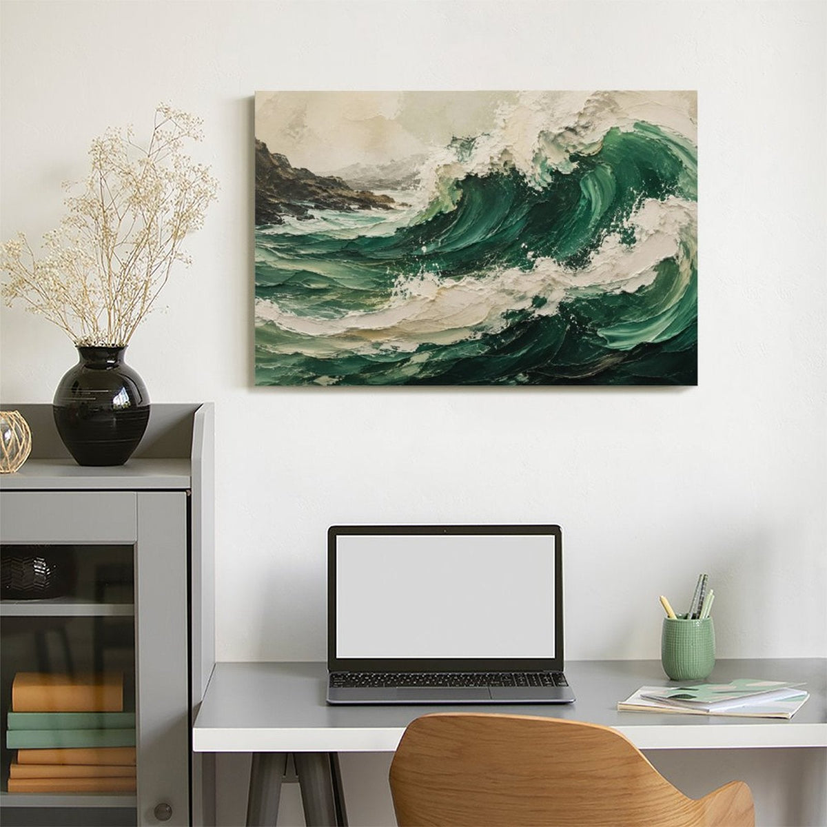 Deep Emerald Ocean Wave Textured Framed Canvas Wall Art | Vintage Coastal Seascape Print