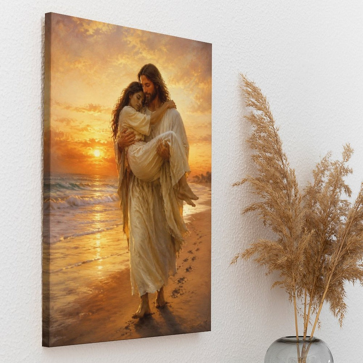 Jesus Carrying Woman Footprints Beach Sunset Framed Canvas Wall Art | Inspirational Religious Print