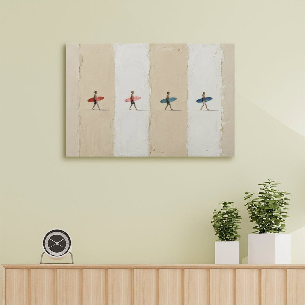 Four Surfers Colorful Boards Minimalist Framed Canvas Wall Art | Coastal Beach Stripe Print