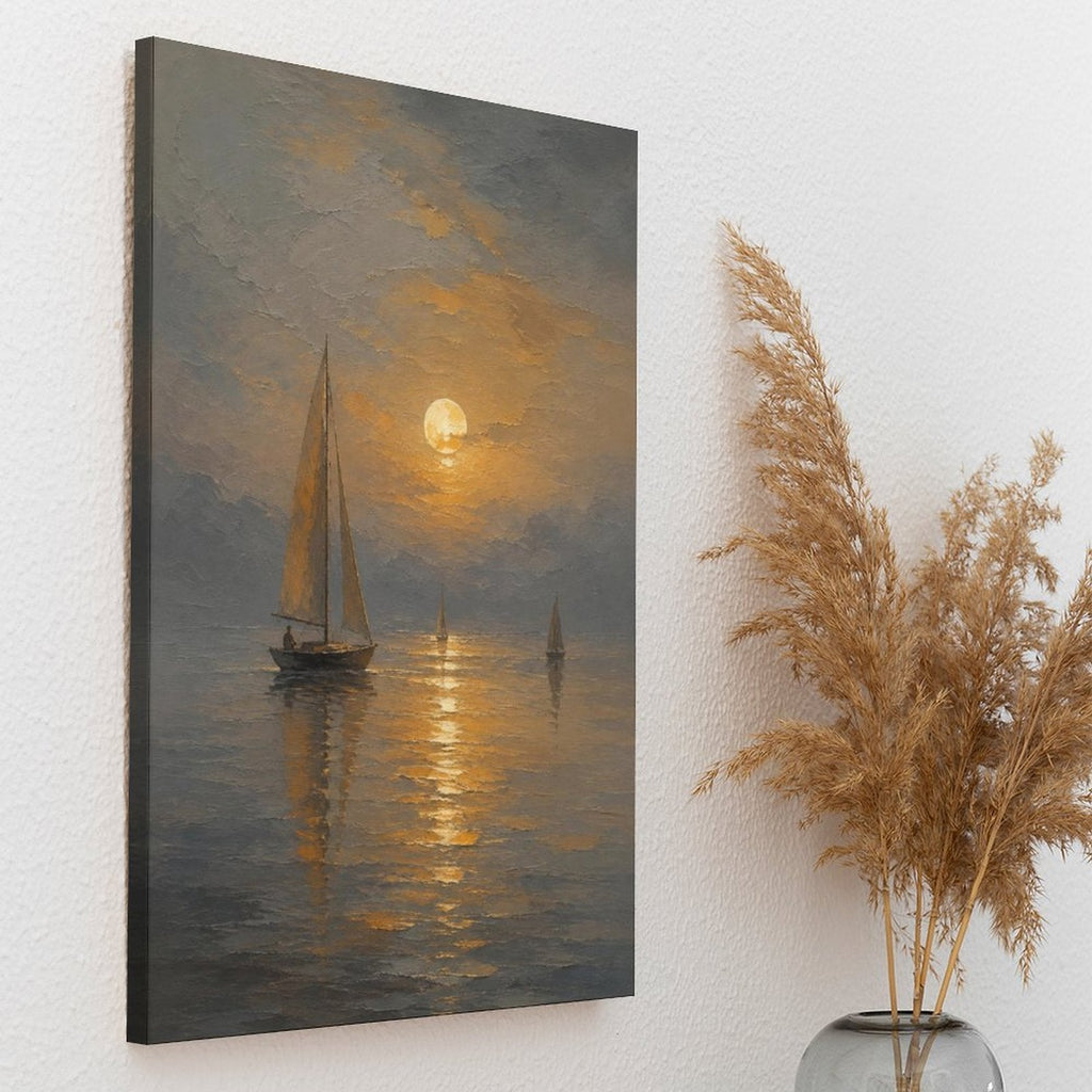 Moonlit Sailboat Misty Sea Framed Canvas Wall Art | Old Master Nocturnal Seascape Print