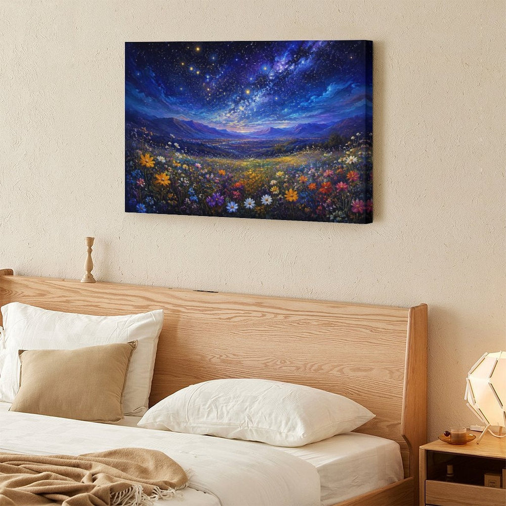 Starry Night Wildflower Meadow Framed Canvas Wall Art | Galaxy Sky Colorful Floral Landscape Print