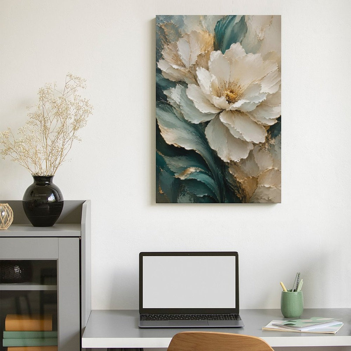 Cream White Peony Gold Botanical Framed Canvas Wall Art | Teal Green Floral Textured Print