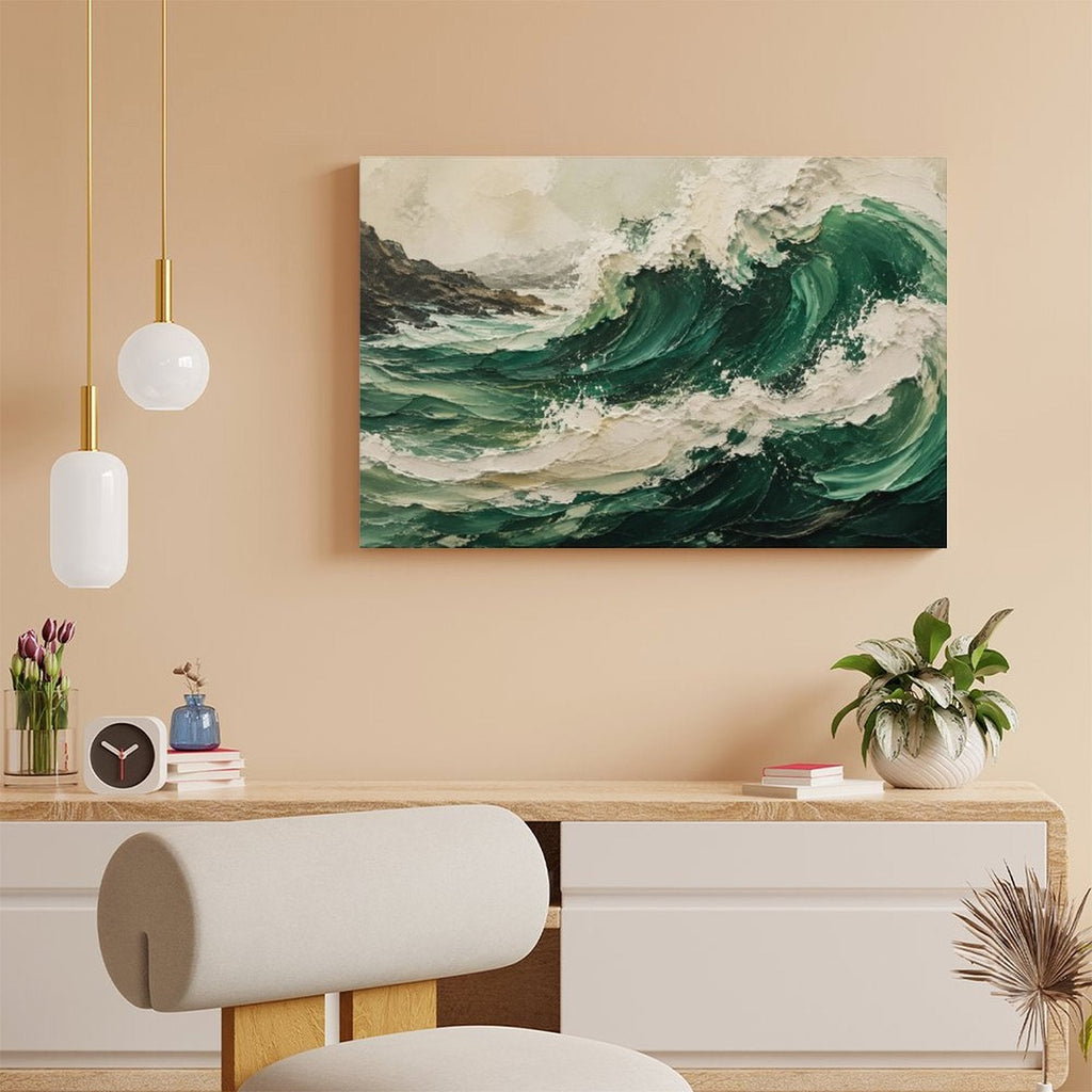 Deep Emerald Ocean Wave Textured Framed Canvas Wall Art | Vintage Coastal Seascape Print
