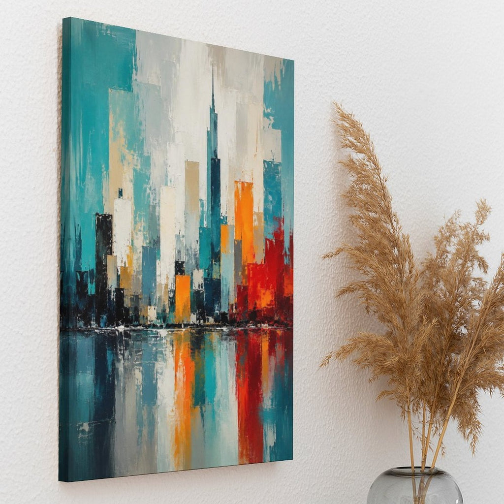 Abstract City Skyline Teal Orange Framed Canvas Wall Art | Modern Urban Palette Knife Print