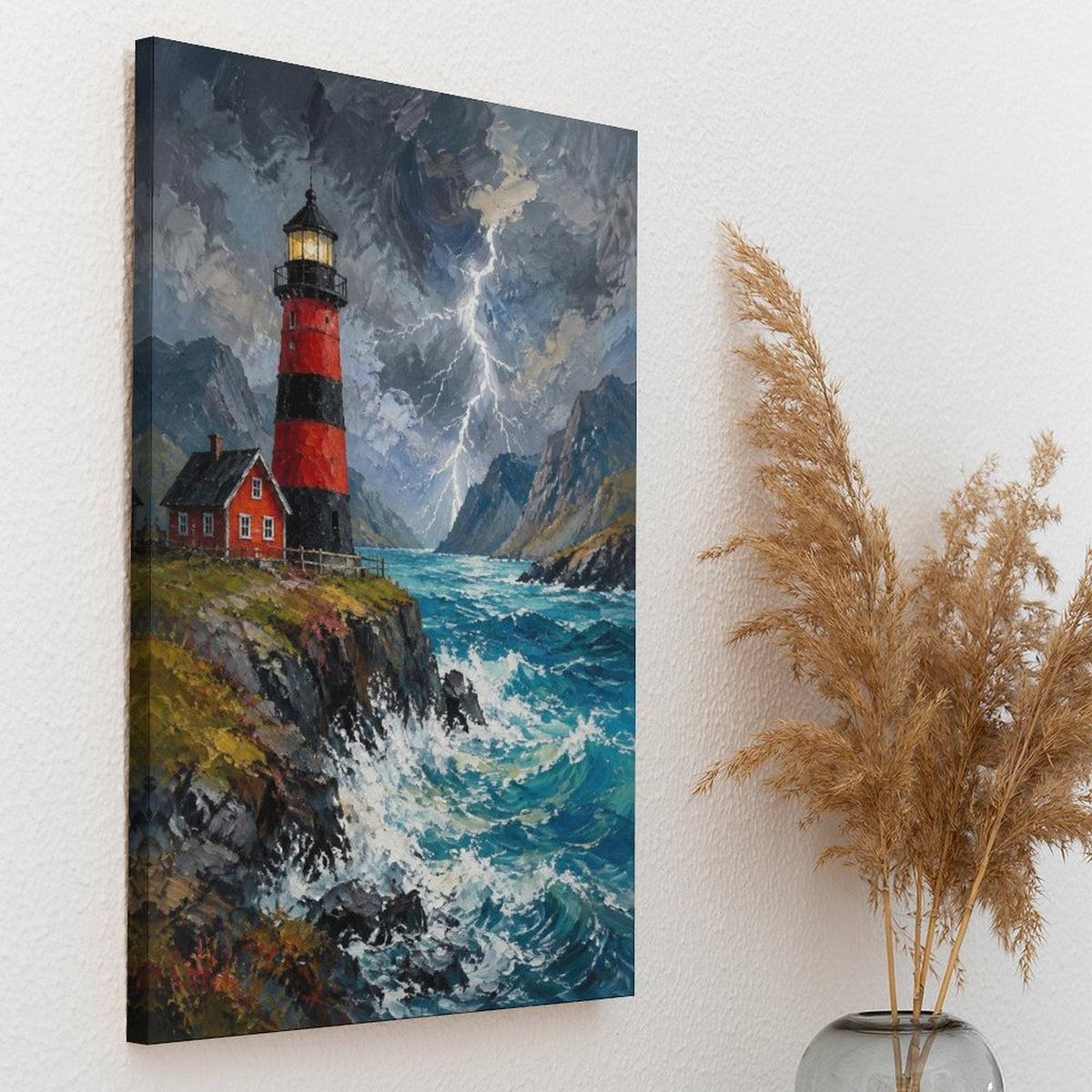 Stormy Lighthouse Cliff Framed Canvas Wall Art | Red & Black Coastal Oil Painting Print
