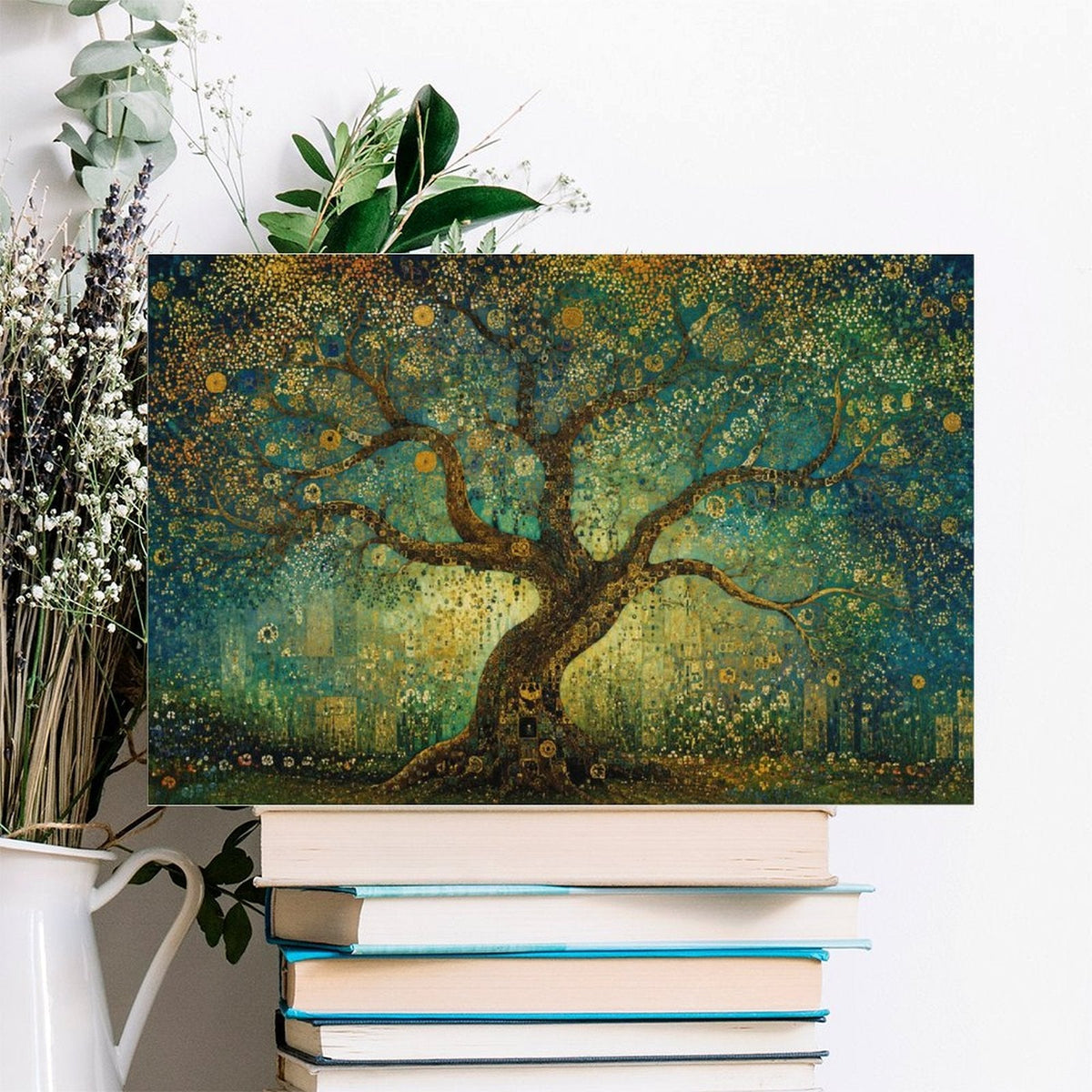 Klimt-Style Tree of Life Gold Mosaic Framed Canvas Wall Art | Art Nouveau Teal Print