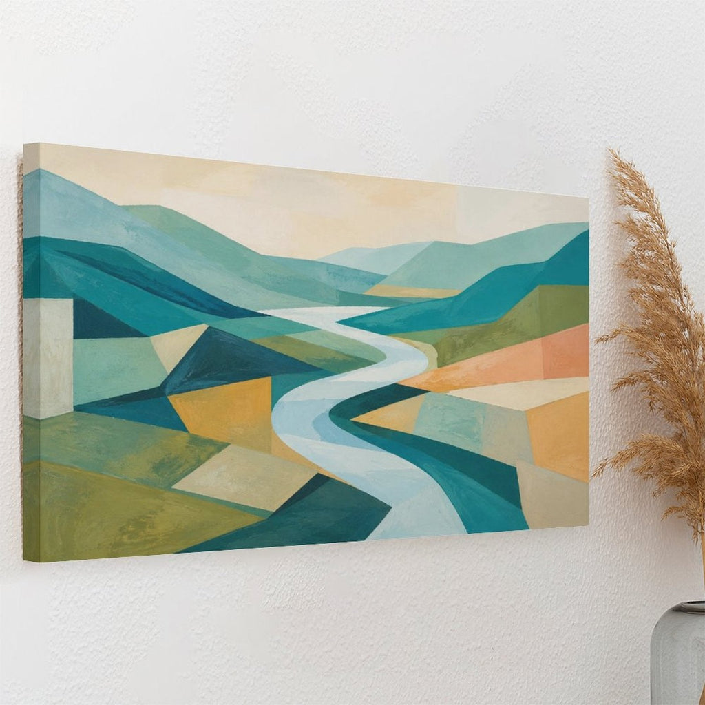 Geometric Abstract Valley River Framed Canvas Wall Art | Mid-Century Modern Landscape Print