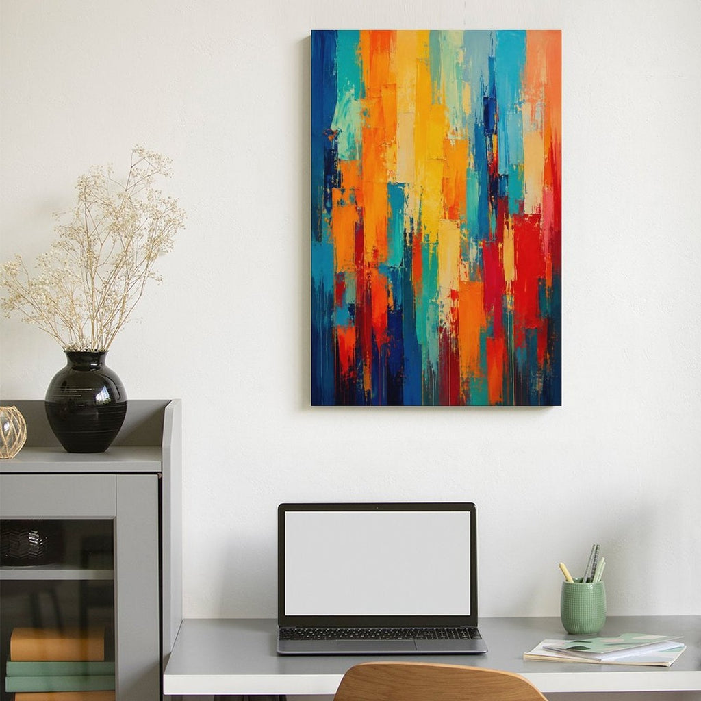 Bold Vertical Color Block Abstract Framed Canvas Wall Art | Navy Orange Red Teal Expressionist Print