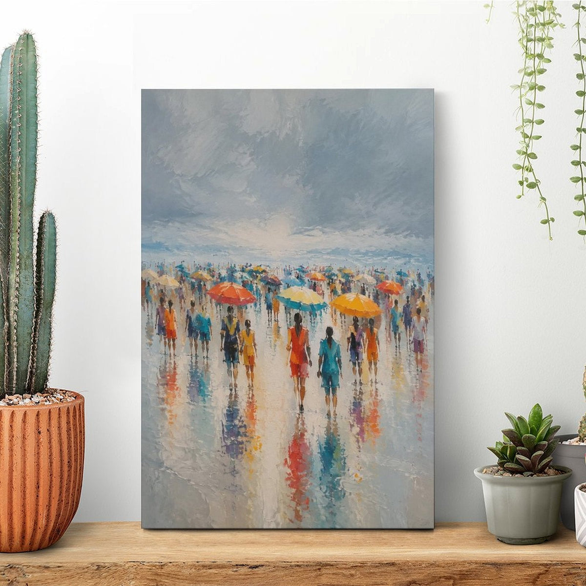 Rainy Beach Crowd Colorful Umbrellas Framed Canvas Wall Art | Impressionist Coastal Figurative Print