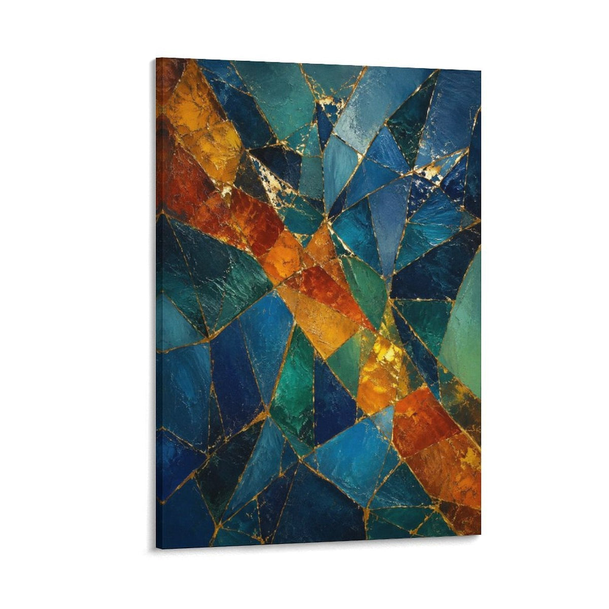 Teal Orange Gold Mosaic Stained Glass Abstract Jewel Tone Geometric Framed Canvas Wall Art