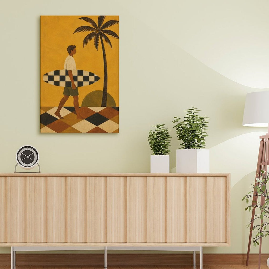 Retro Surfer Framed Canvas Wall Art | Vintage Beach Palm Tree Print