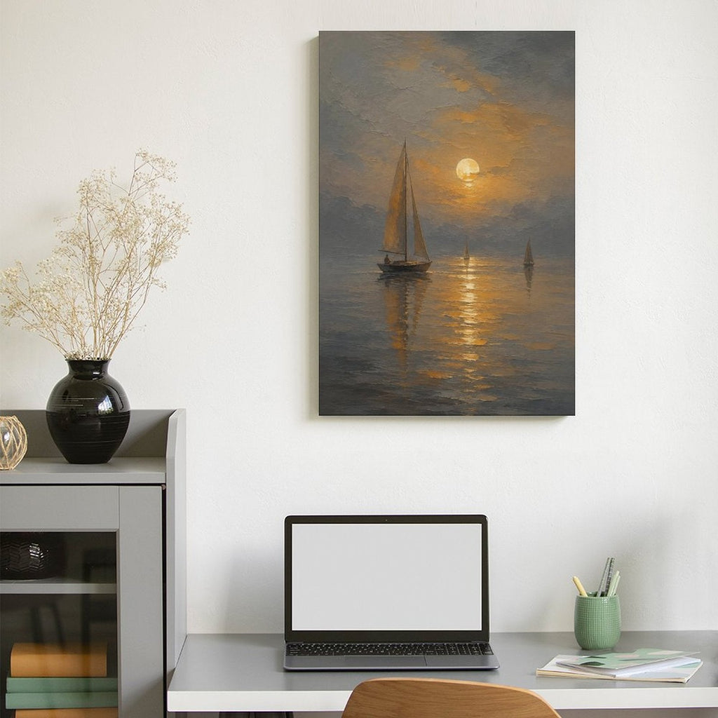 Moonlit Sailboat Misty Sea Framed Canvas Wall Art | Old Master Nocturnal Seascape Print