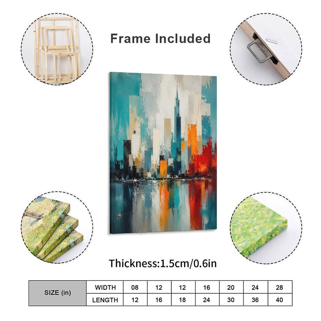 Abstract City Skyline Teal Orange Framed Canvas Wall Art | Modern Urban Palette Knife Print