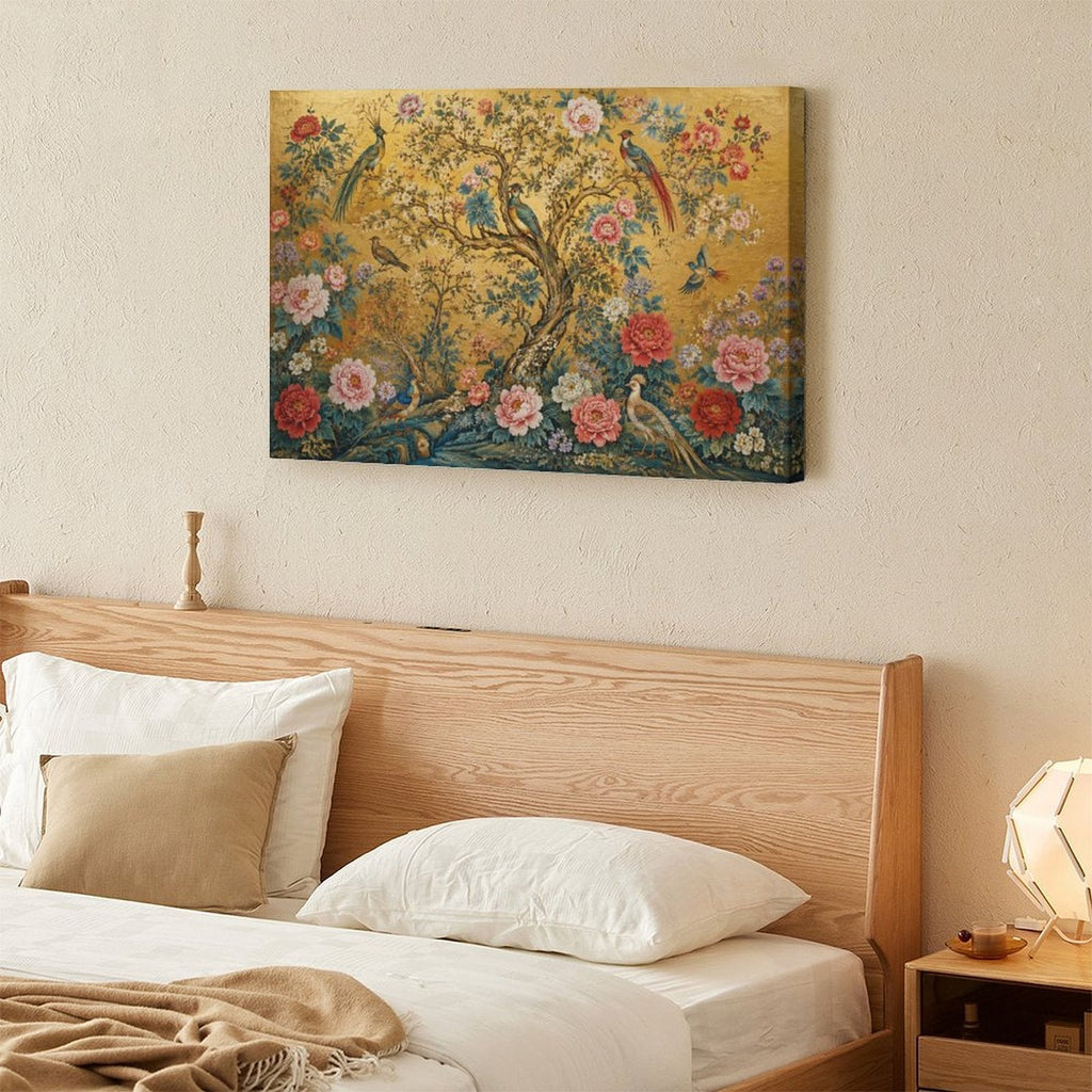 Chinese Imperial Flower & Bird Gold Framed Canvas Wall Art | Chinoiserie Peacock Peony Print