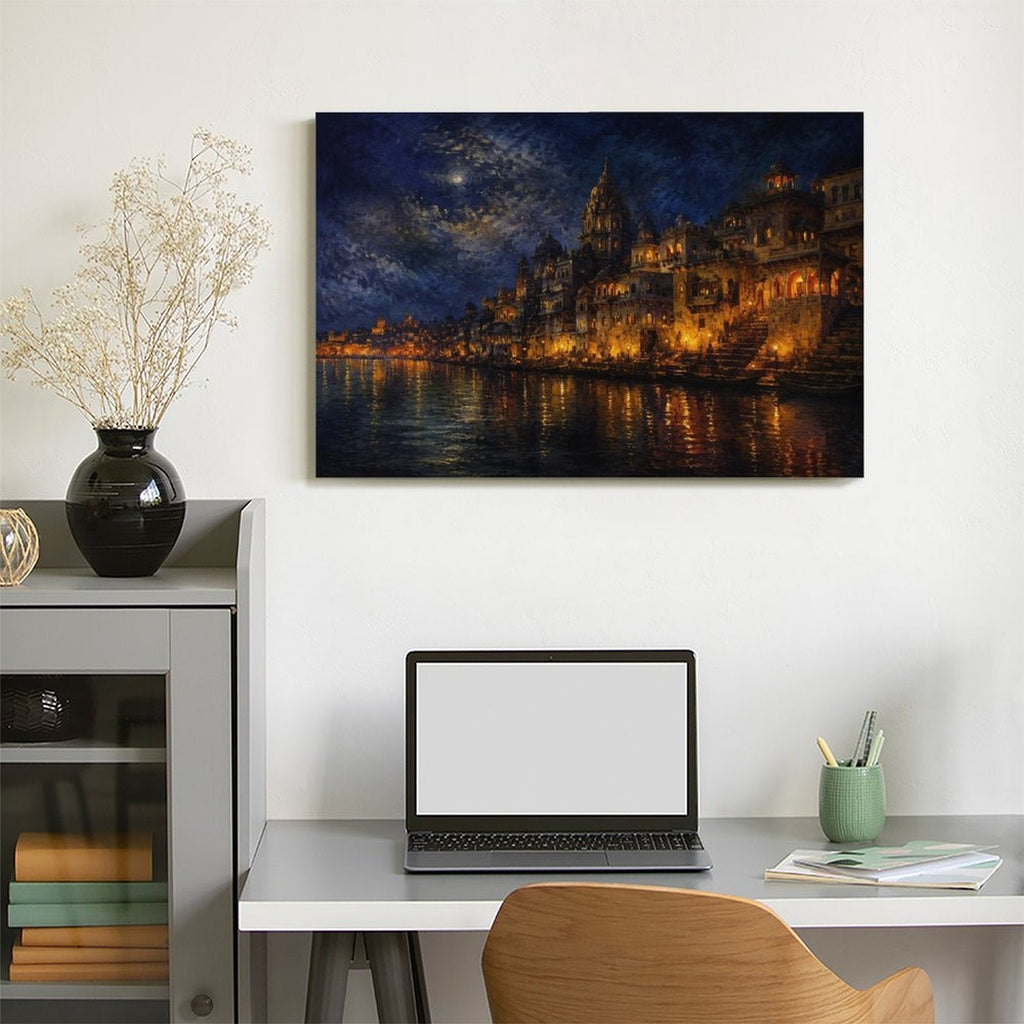 Varanasi Ganges River Night Glow Framed Canvas Wall Art | Indian Temple Nocturne Print