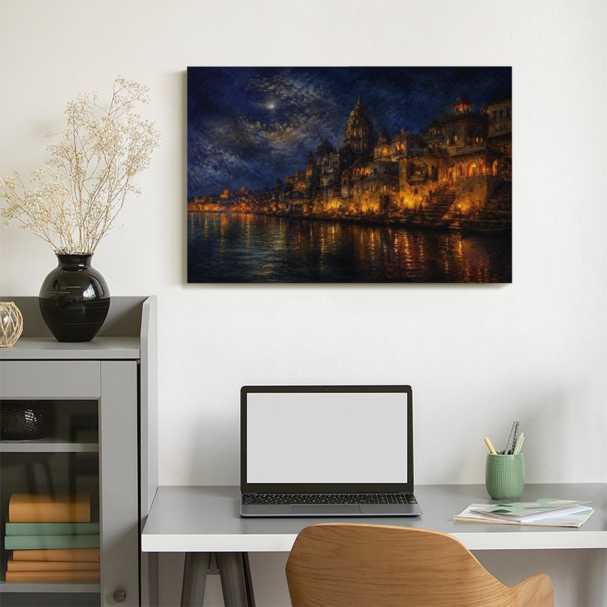 Varanasi Ganges River Night Glow Framed Canvas Wall Art | Indian Temple Nocturne Print