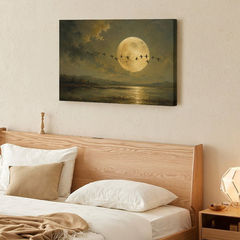 Full Moon Migrating Birds Lake Reflection Framed Canvas Wall Art | Old Master Nocturnal Landscape Print